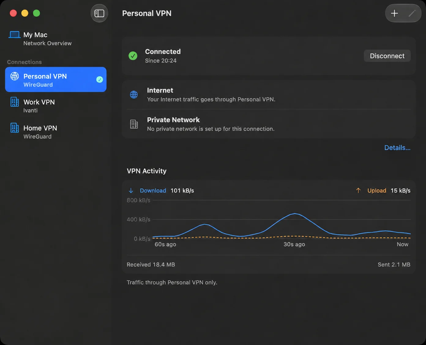 Passage for Mac, showing a connected WireGuard profile, network routing and VPN activity.