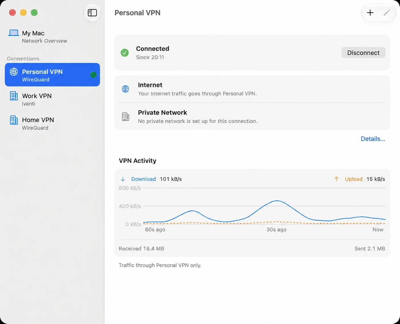 Passage for Mac, showing a connected WireGuard profile, network routing and VPN activity.